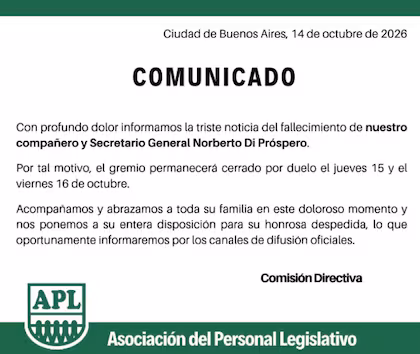 Murió Norberto Di Próspero, histórico dirigente del personal del Congreso