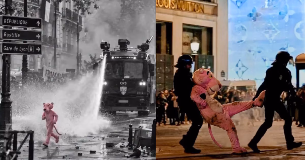 Imágenes de la Pantera Rosa en protestas de París resultaron ser IA, confirman verificadores