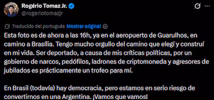 De Aeroparque a Brasil: Rogerio Tomaz Jr. regresa a San Pablo tras ser deportado y dispara contra Milei; Caputo celebra