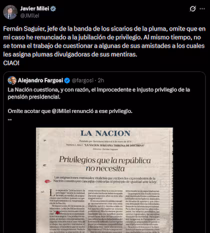 Milei cuestiona editorial de LA NACION y reitera su postura sobre las jubilaciones de privilegio