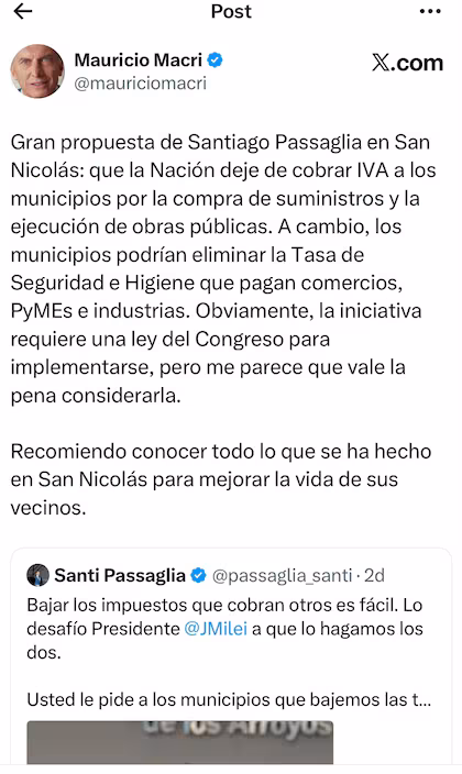 Macri respaldó propuesta de Passaglia para eliminar IVA a municipios a cambio de suprimir la tasa de seguridad e higiene; luego borró su comentario
